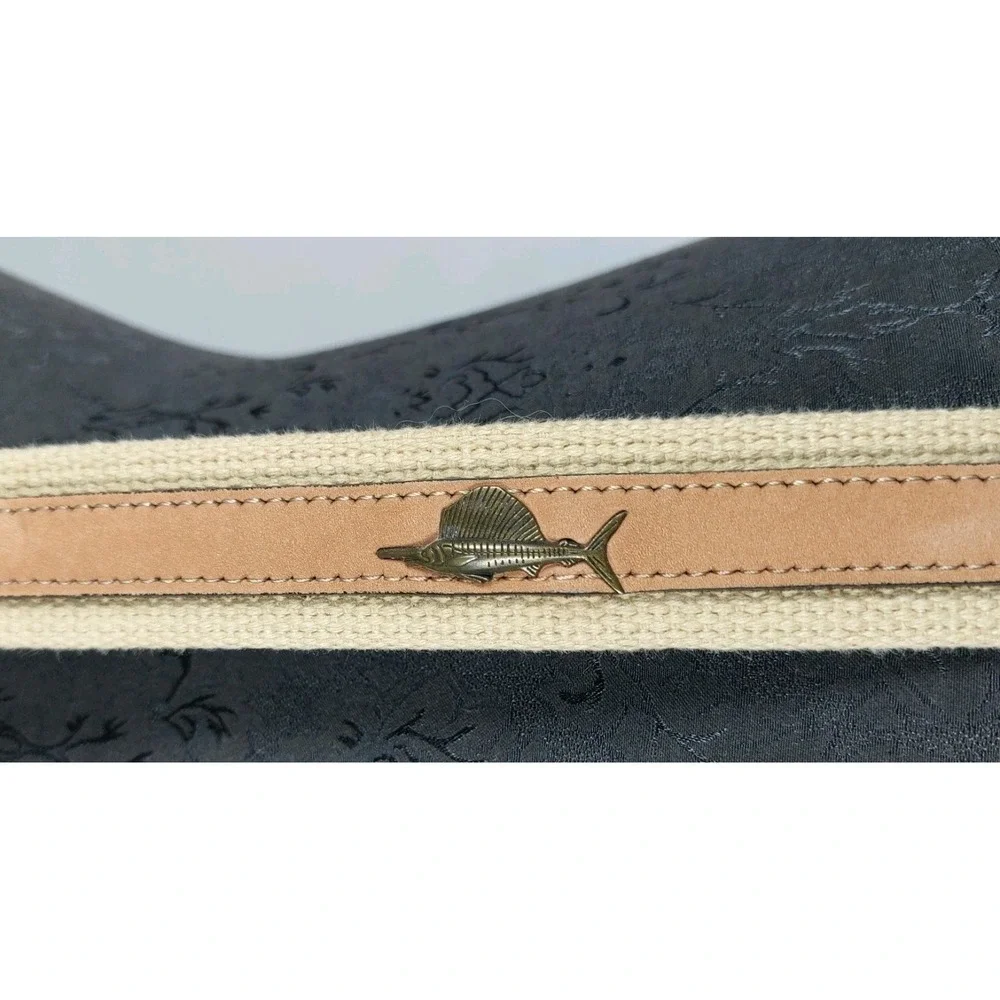World Wide Sportsman Buck Leather Belt Sz 46 Bronze Fish Medallion Brass Buckle